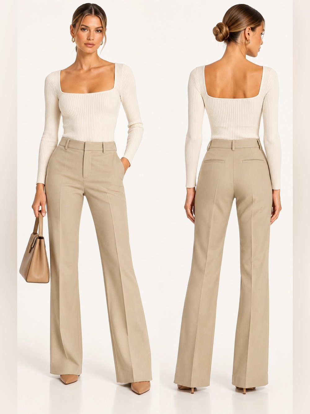 Nili Lotan Classic Beige Virgin Wool Tailored Flare Trousers Size 8